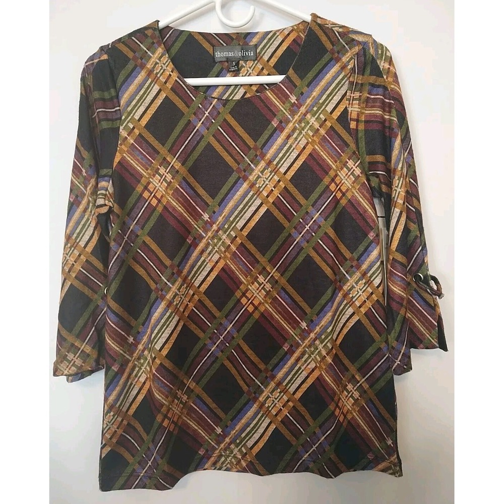 Thomas & Olivia Women's Colorful Plaid 3/4 Sleeve Blouse Small